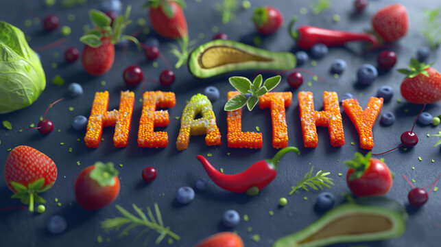 Healthy food alphabet on blue background
