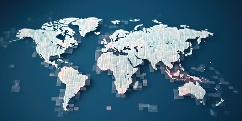 Digital world map with glowing cyber data points on dark blue background. Global connectivity and internet technology concept. Design for network, communication, technology innovation theme. AIG35.
