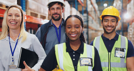 People, warehouse and happy on portrait for teamwork, collaboration and supply chain. Employee, diversity and smile at factory for logistics, manufacturing and delivery or distribution service