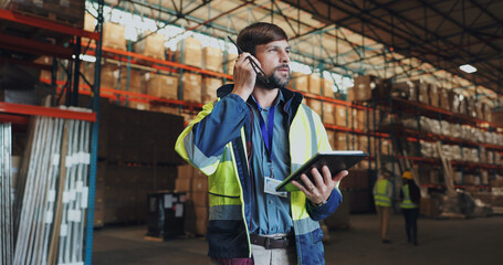 Man, tablet and radio for inventory in warehouse, logistics and quality control for supply chain....