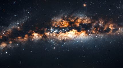 Naklejka premium The Milky Way galaxy, the center of space is surrounded by stars and galaxies, a large dark black background with many small white dots.