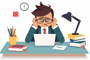 Sad office worker drawing, tired manager, sad person, having bad day, overworked burnout