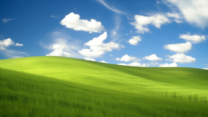 Fototapeta premium Nature landscape with green meadows, blue sky with clouds and mountains in the background. classic green landscape, Generative AI