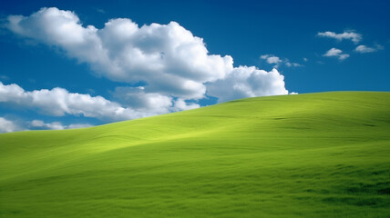 Fototapeta premium Nature landscape with green meadows, blue sky with clouds and mountains in the background. classic green landscape, Generative AI