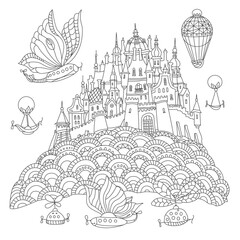 Fairy tale castle on a mushroom cap, flying steam punk airships. Coloring book page 