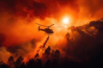 Fototapeta premium Helicopter Fighting Wildfire at Sunset