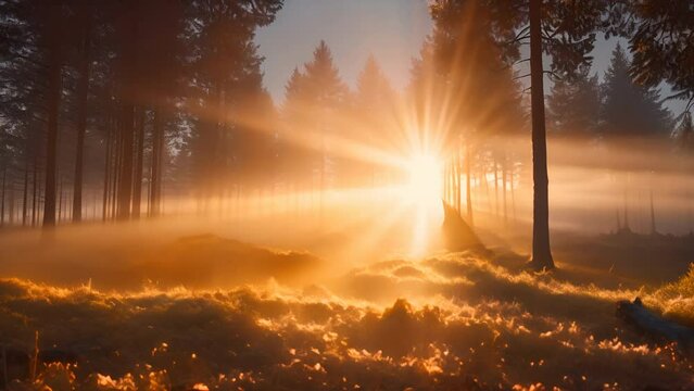Beautiful sunrise with the sun streaking through the trees and blue sky, on a cozy sunny morning
