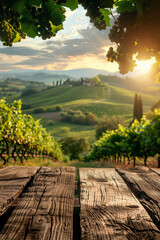 Obraz premium Rustic Wooden Table Setting with Tuscan Vineyard View