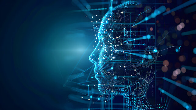 Artificial Intelligence andazing digital human head in blue background with glowing lines, AI technology concept.