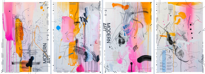 A series of drawings with dynamic strokes and bold lines in colorful ink splashes. The designs include splashes of vivid colors like pink, yellow, blue and black to create an elegant and modern look.