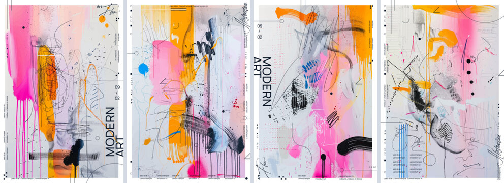 Fototapeta A series of drawings with dynamic strokes and bold lines in colorful ink splashes. The designs include splashes of vivid colors like pink, yellow, blue and black to create an elegant and modern look.