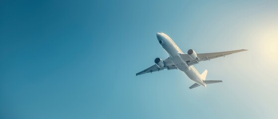Obraz premium A commercial airplane flying high in the clear blue sky with the sun shining brightly, symbolizing travel, adventure, and freedom.