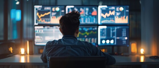 A person analyzing multiple data on computer screens in a modern office setting, focusing on financial charts and graphs.