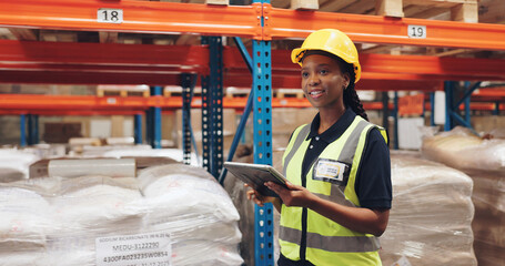 African woman, tablet and logistics at warehouse for inspection, cargo and job at global shipping...