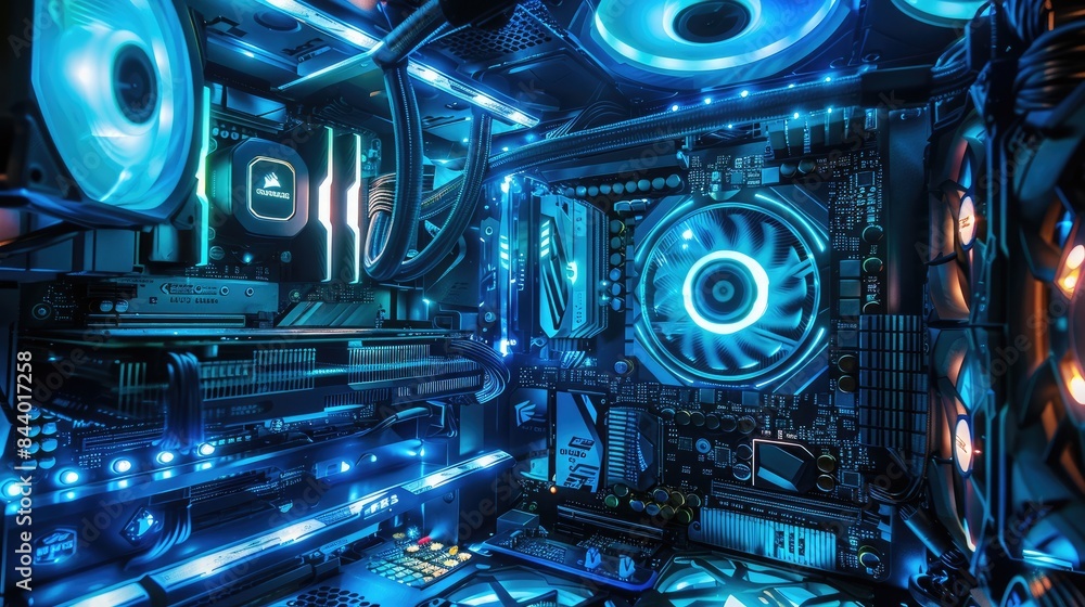 Poster the image shows a high-end gaming pc build with a blue and black theme. the build includes a custom 