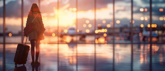 Silhouette of a traveler with luggage standing in an airport terminal looking at sunset through large windows.