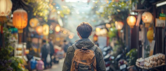Obraz premium Traveler exploring a vibrant market street lined with glowing lanterns and diverse stalls, capturing the essence of local life and culture.