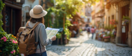 Woman traveling with a map exploring a charming old town street in the sunlight. Backpack and hat highlighting the adventure. Tourism and exploration.