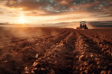 Fototapeta premium Tractor Plowing Field at Sunset