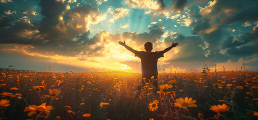 person kneeling and raising hands, Open arms, for pray to God on meadow sunset background