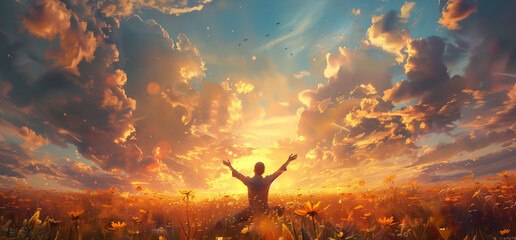 person kneeling and raising hands, Open arms, for pray to God on meadow sunset background