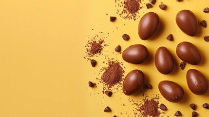 Obraz premium Easter Greeting Card with Chocolate Eggs on Yellow Background