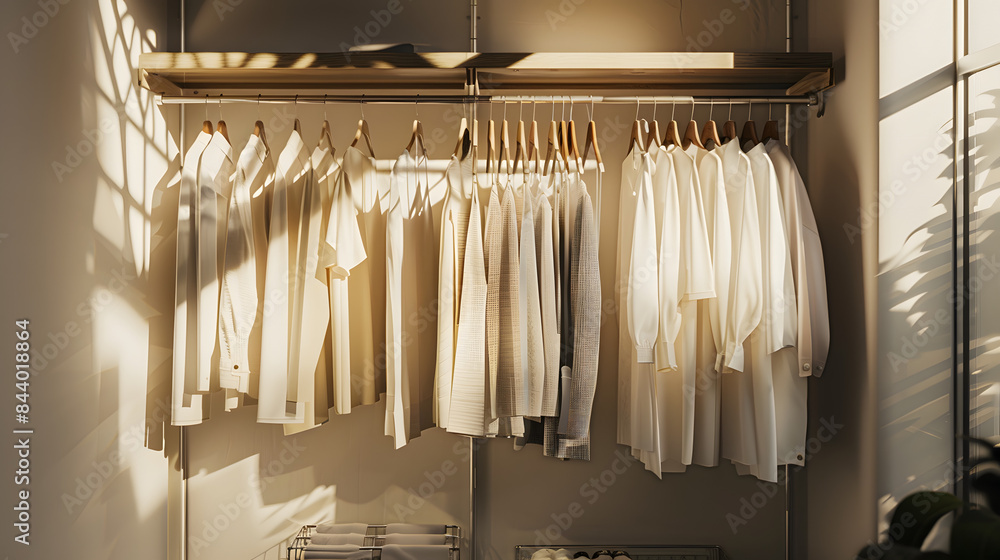 Aufkleber a rack of in neutral tones is arranged on the wall. illuminated by bright light and casting soft sha