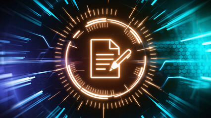 Smart Contract Technology Icon with Futuristic Digital Interface - Neon Glow in Dark Blue and Teal High-Tech Background