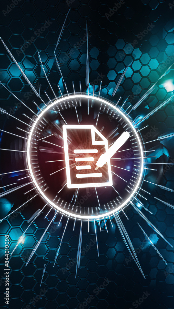 Poster smart contract icon with illuminated white neon on dark hexagonal background - high-tech digital int