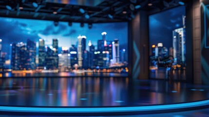 Modern News Studio with Cityscape Background