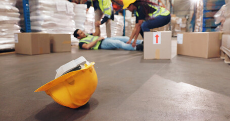 Accident, fall and helmet with man in warehouse for delivery, distribution or supply chain...