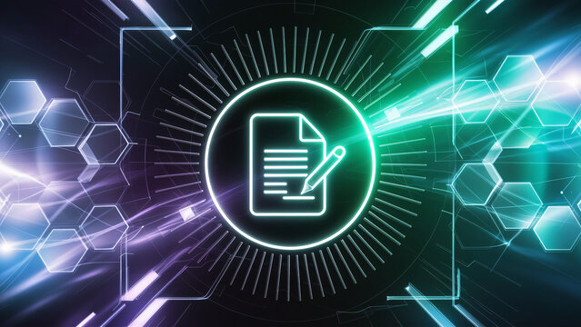 Smart Contract Icon with Vibrant Green and Purple Neon Effects - High-Tech Digital Interface in Futuristic Hexagonal Background