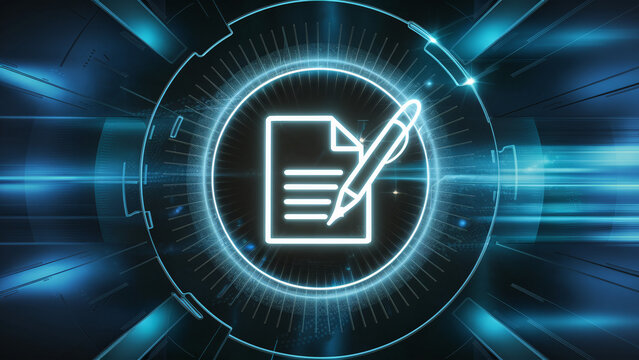 Smart Contract Icon with Sleek Blue Neon Effects - High-Tech Digital Interface Featuring Futuristic Design Elements