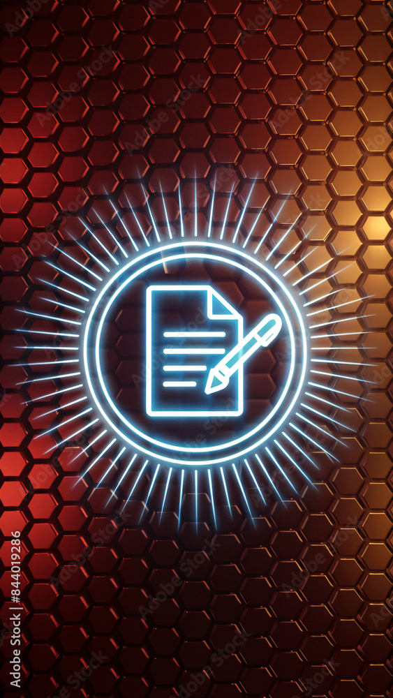 Poster smart contract icon with vibrant blue neon on red and orange hexagonal background - high-tech digita