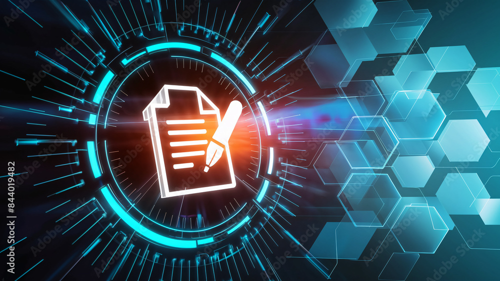 Poster smart contract icon with dynamic blue and orange neon effects - high-tech digital interface featurin