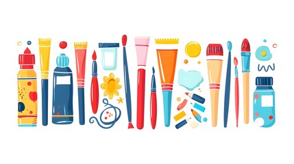 Art tools and supplies, creeative stationery border design. Paints, pencils, oil tubes, drawing and painting accessories on long web banner. Flat vector illustration isolated on white background