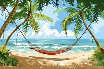 Serene Tropical Beach with Hammock Between Palm Trees Overlooking Sunny Ocean Waves Under Clear Blue Sky