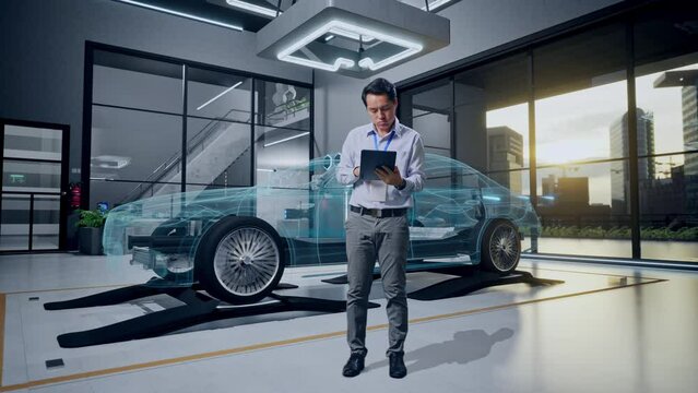 Full Body Of An Asian Male Professional Worker Standing With His Tablet With Concept of Electric Vehicle, High-tech Industrial Facility, Typing And Dissapionted With Nodding His Head 