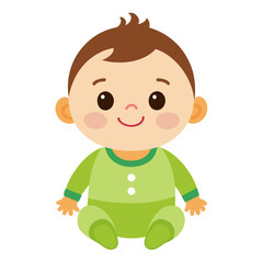 A baby in a green outfit is sitting down and smiling warmly