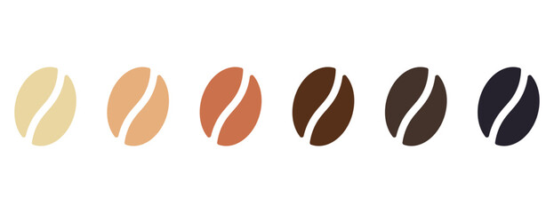 Coffee strength scale, different colour beans to show intensity or roast, vector illustration isolated on white background. Coffee beans showing various stage of roasting.