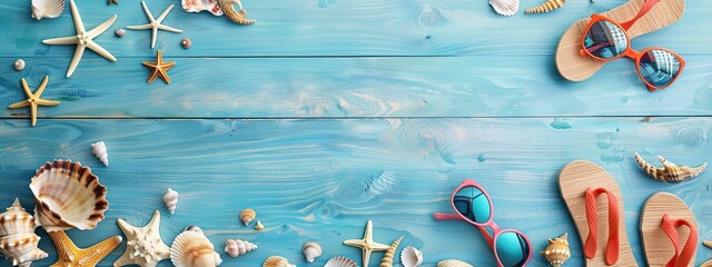 Sunny summer background with beach accessories, flipflops and sea shells on blue wooden board, as well as a free zone for text.