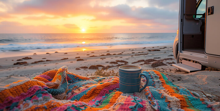A beautiful beach view of Van life at sunset Generative AI - Powered by Adobe