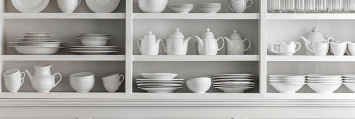 Dishware set in white shelving unit, tableware shelf, kitchen interior, clean white mugs, plates, glass tableware