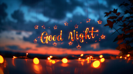 A lit-up Good Night sign hangs against a backdrop of a twilight sky, with string lights illuminating the scene