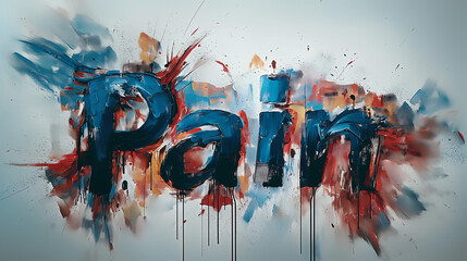 A close-up of an abstract painting featuring the word Pain in bold, dripping brushstrokes against a light blue background