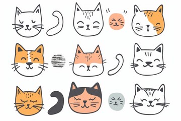 Cute Cats Set, Pet Animal Symbols, Hand Drawn Cat Icons Silhouettes, Funny Kitten Character Drawings