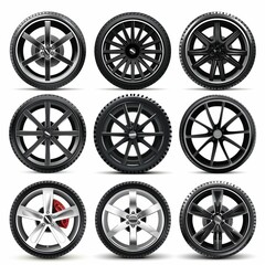 Car wheels icon, tire silhouettes, rim symbol, auto wheels sign, car tyre pictograms, automobile service logo