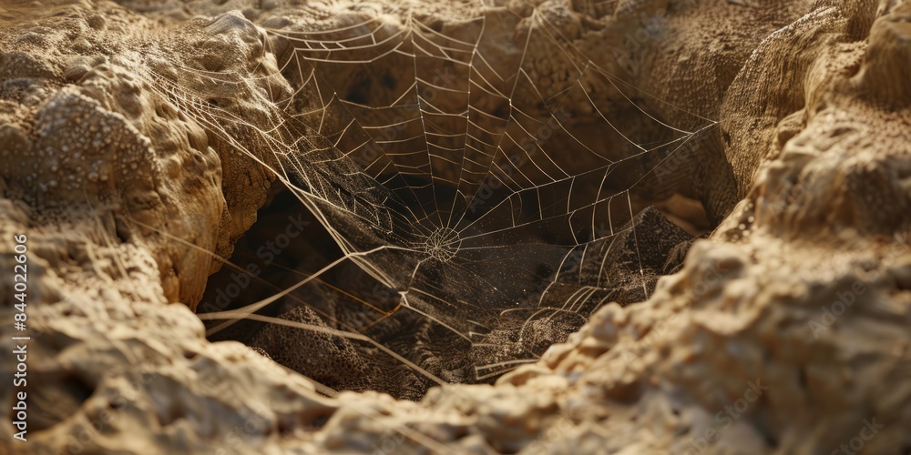 Poster detailed close-up of a spider web intricately woven on a rock surface, with visible threads and patt