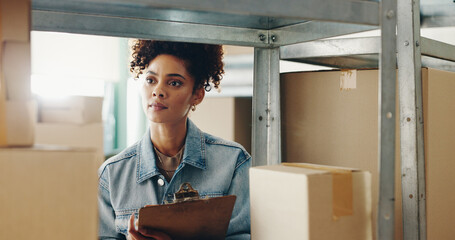 Woman, inspection and warehouse with boxes or inventory, quality control for freight distribution....