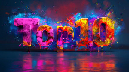 A vibrant digital rendering of the phrase Top 10 with dripping paint and a reflective surface